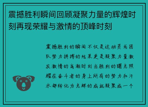 震撼胜利瞬间回顾凝聚力量的辉煌时刻再现荣耀与激情的顶峰时刻