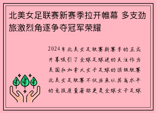 北美女足联赛新赛季拉开帷幕 多支劲旅激烈角逐争夺冠军荣耀
