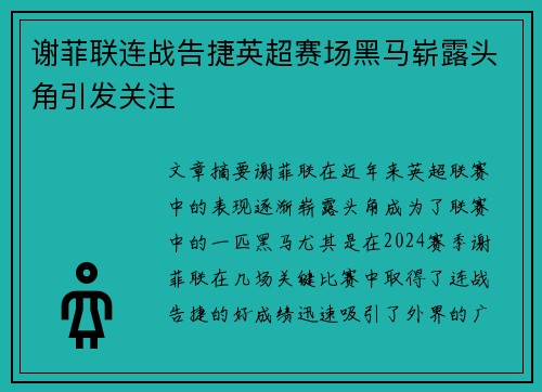 谢菲联连战告捷英超赛场黑马崭露头角引发关注