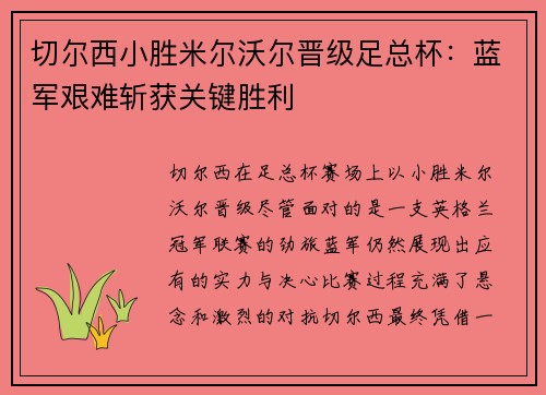 切尔西小胜米尔沃尔晋级足总杯：蓝军艰难斩获关键胜利