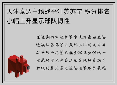天津泰达主场战平江苏苏宁 积分排名小幅上升显示球队韧性