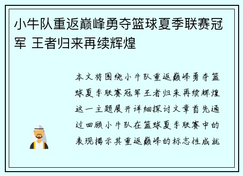 小牛队重返巅峰勇夺篮球夏季联赛冠军 王者归来再续辉煌