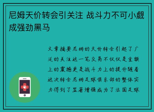 尼姆天价转会引关注 战斗力不可小觑成强劲黑马