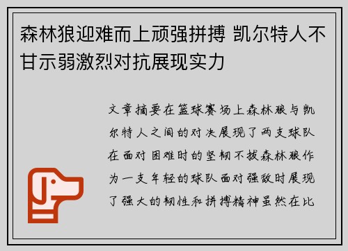 森林狼迎难而上顽强拼搏 凯尔特人不甘示弱激烈对抗展现实力