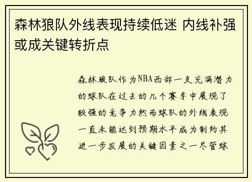 森林狼队外线表现持续低迷 内线补强或成关键转折点
