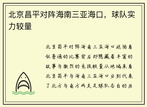北京昌平对阵海南三亚海口，球队实力较量