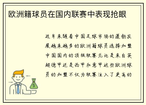 欧洲籍球员在国内联赛中表现抢眼