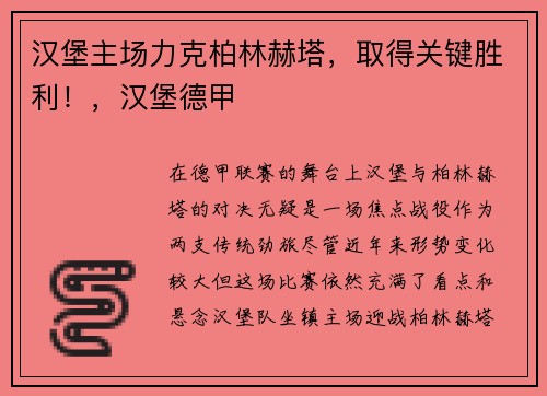 汉堡主场力克柏林赫塔，取得关键胜利！，汉堡德甲