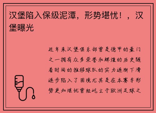 汉堡陷入保级泥潭，形势堪忧！，汉堡曝光