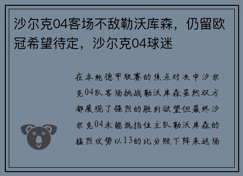沙尔克04客场不敌勒沃库森，仍留欧冠希望待定，沙尔克04球迷