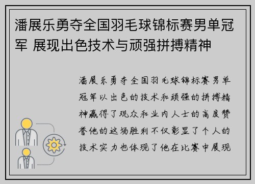 潘展乐勇夺全国羽毛球锦标赛男单冠军 展现出色技术与顽强拼搏精神