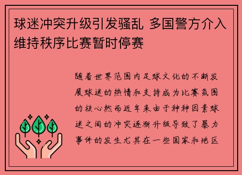 球迷冲突升级引发骚乱 多国警方介入维持秩序比赛暂时停赛