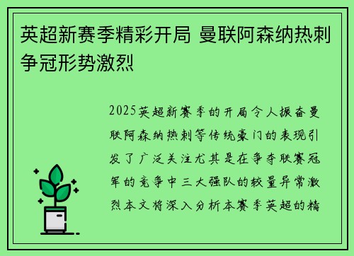 英超新赛季精彩开局 曼联阿森纳热刺争冠形势激烈