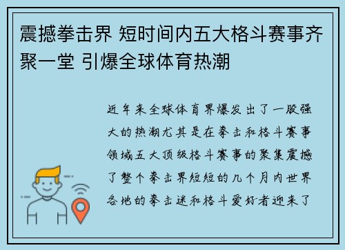 震撼拳击界 短时间内五大格斗赛事齐聚一堂 引爆全球体育热潮