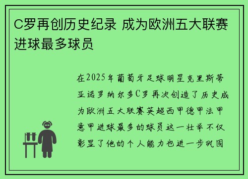 C罗再创历史纪录 成为欧洲五大联赛进球最多球员